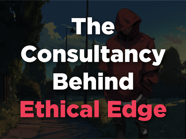 Dark gameplay screenshot background with white text saying the consultancy behind Ethical Edge