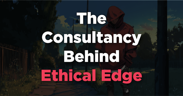 Dark gameplay screenshot background with white text saying the consultancy behind Ethical Edge