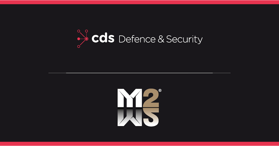 CDS DS M2M2 Logos CDS Defence & Security branded graphic featuring the company logo centred at the top on a dark background, separated by a thin white horizontal line from the M2M2 logo positioned below. The design uses the CDS brand colours of black, white and red, with red borders along the top and bottom edges, highlighting the partnership between CDS Defence & Security and M2M2.