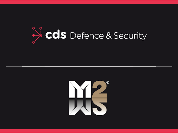 CDS DS M2M2 Logos CDS Defence & Security branded graphic featuring the company logo centred at the top on a dark background, separated by a thin white horizontal line from the M2M2 logo positioned below. The design uses the CDS brand colours of black, white and red, with red borders along the top and bottom edges, highlighting the partnership between CDS Defence & Security and M2M2.