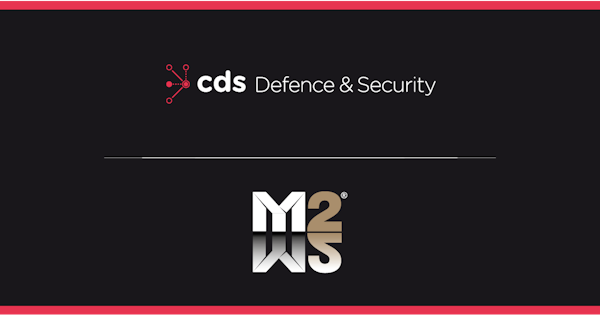 CDS Defence & Security branded graphic featuring the company logo centred at the top on a dark background, separated by a thin white horizontal line from the M2M2 logo positioned below. The design uses the CDS brand colours of black, white and red, with red borders along the top and bottom edges, highlighting the partnership between CDS Defence & Security and M2M2.