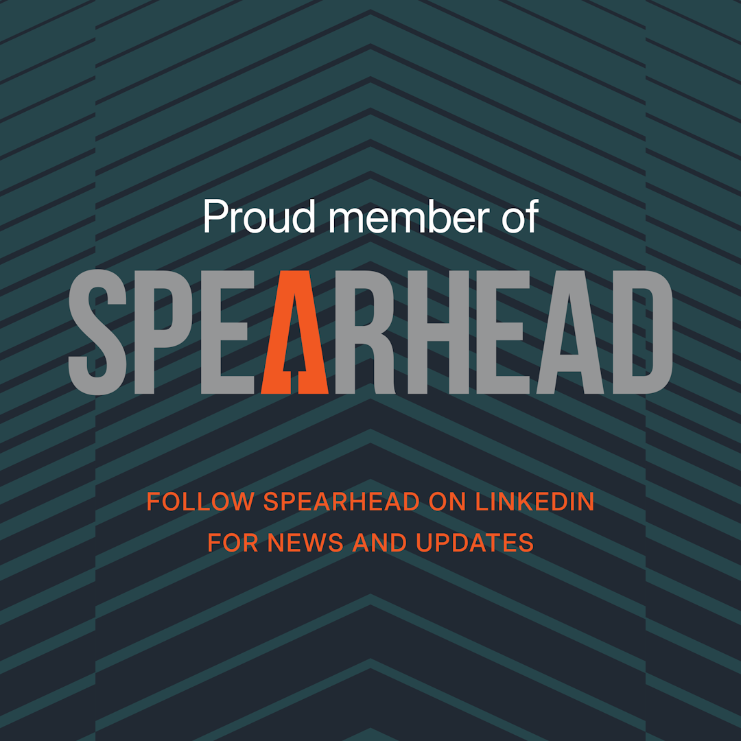 Member of Spearhead Graphic promoting CDS Defence & Security's membership of Spearhead. The design features a dark blue and teal geometric background with the text "Proud member of SPEARHEAD", with the letter "A" highlighted in orange. Below, orange text encourages viewers to "Follow Spearhead on LinkedIn for news and updates.