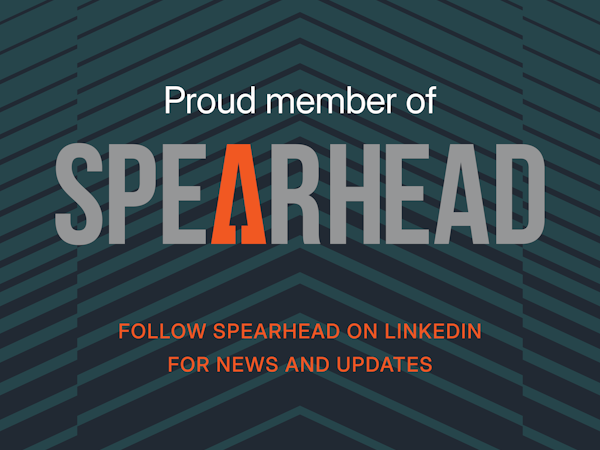 Member of Spearhead Graphic promoting CDS Defence & Security's membership of Spearhead. The design features a dark blue and teal geometric background with the text "Proud member of SPEARHEAD", with the letter "A" highlighted in orange. Below, orange text encourages viewers to "Follow Spearhead on LinkedIn for news and updates.