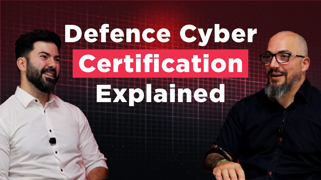 Briefing Room Episode 13 DCC Thumbnail image for a CDS Defence & Security podcast episode titled “Defence Cyber Certification Explained.” Host Karl Rees is pictured on the left wearing a white shirt, smiling towards Defence Cyber Certification assessor Colin Cusack on the right, who is wearing glasses and a dark shirt. Both are seated against a dark red digital grid background, with large white text displaying the episode title and “Certification” highlighted in a bright pink banner.