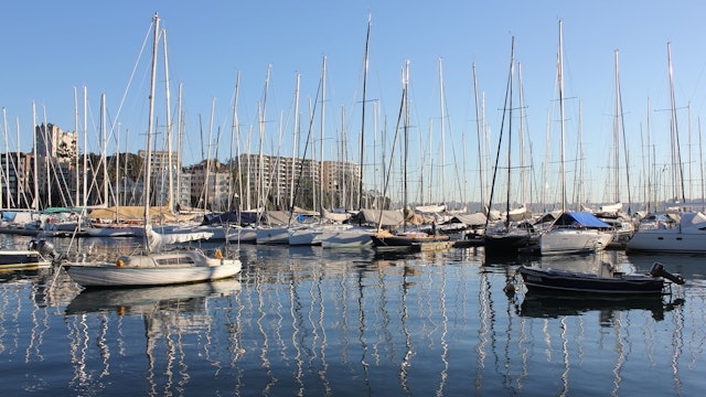 Numerous sailing boats moored at a marina on Sydney Harbour.