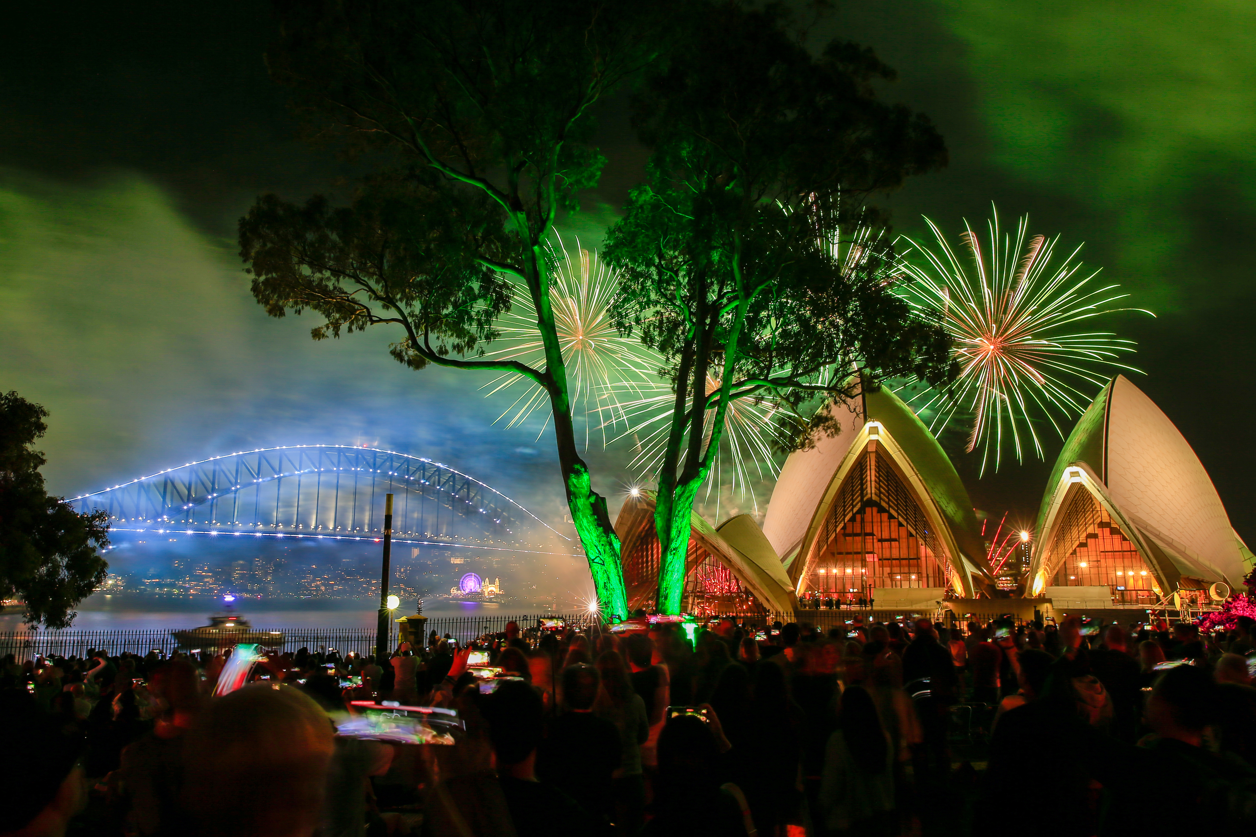 Fireworks light up the sky above Sydney Opera House and Sydney Harbour Bridge at night, with crowds watching and trees partially visible in the foreground.