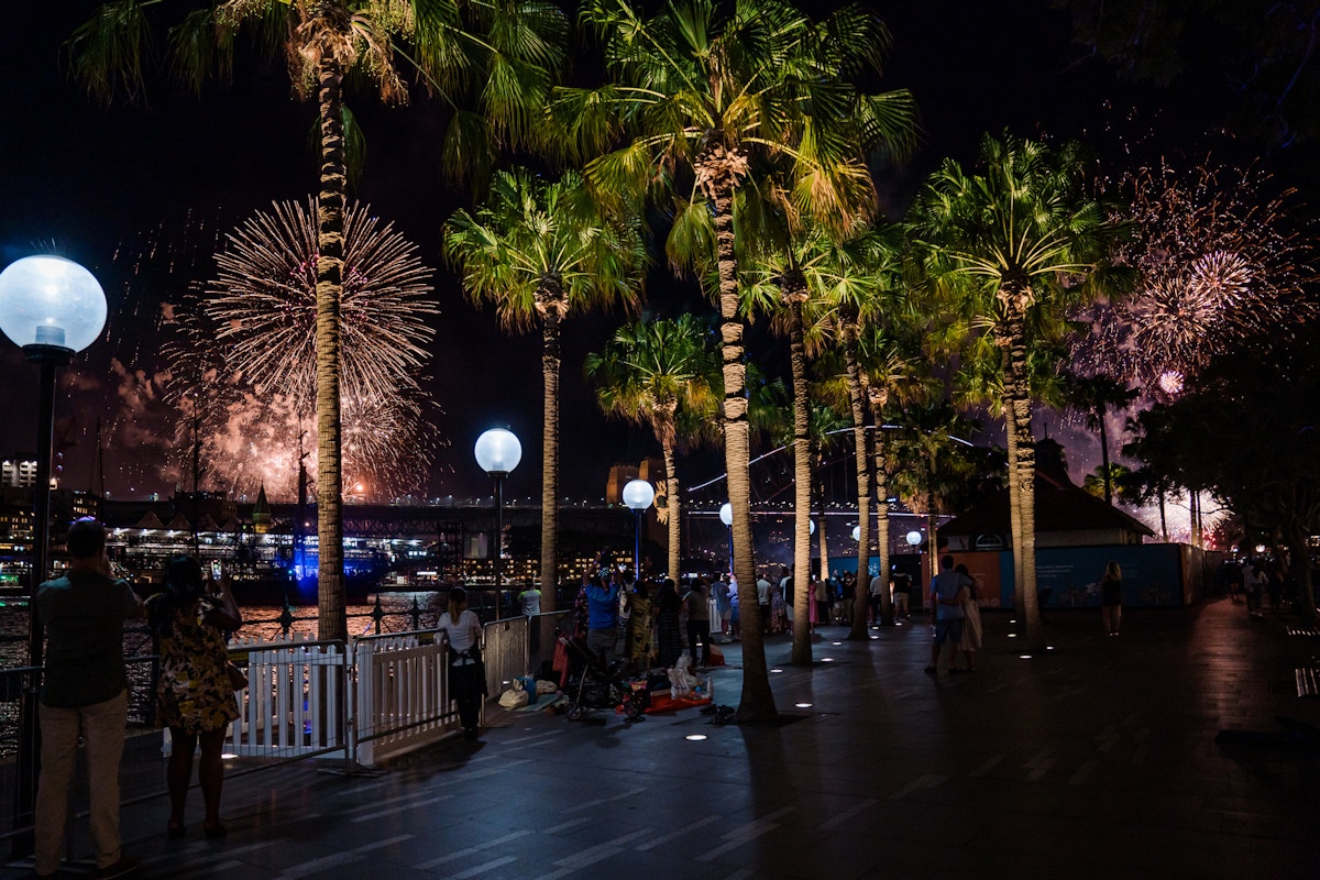 People watch fireworks over a river at night, standing along a palm-lined walkway with streetlights.