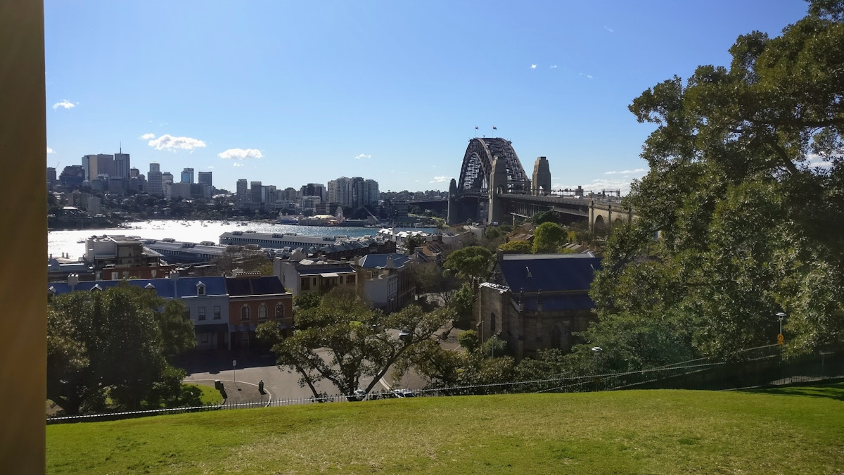 Sydney Harbour Bridge spanning over water with city buildings in the background, seen from a grassy park area with trees and houses in the foreground under a clear blue sky.