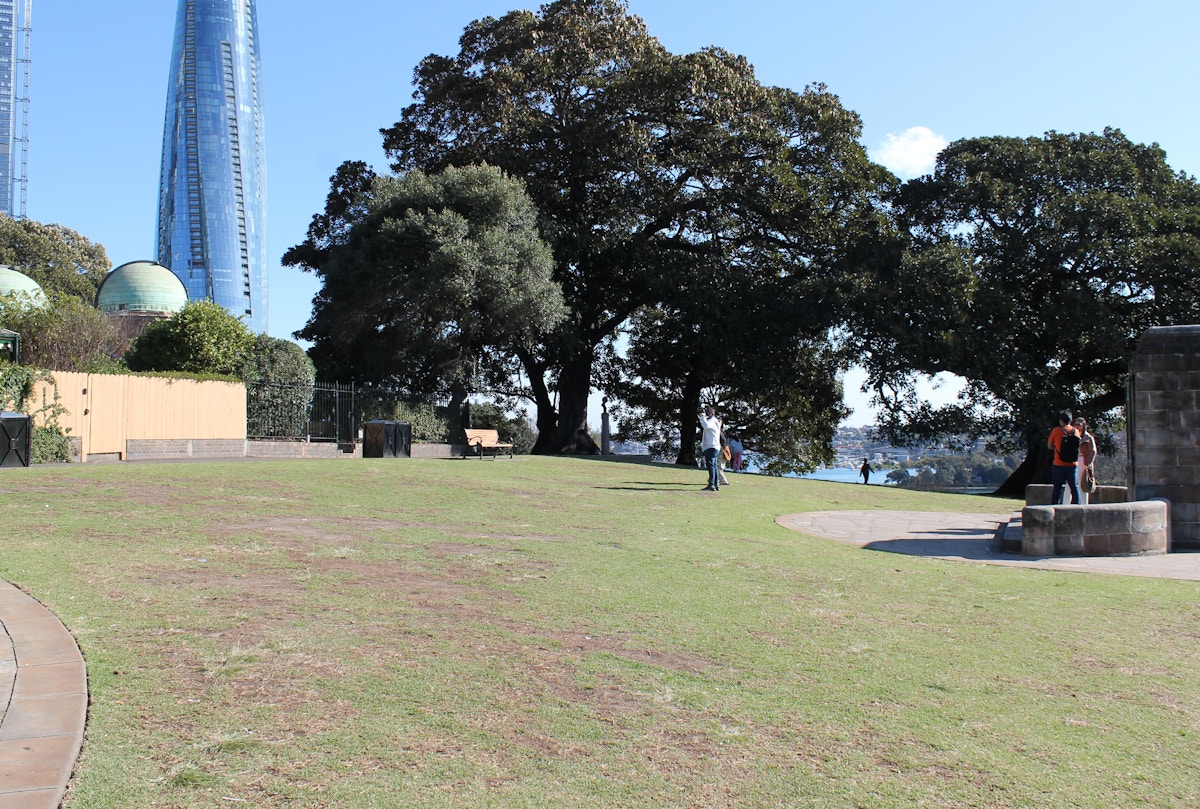 A grassy park area with large trees, a few people walking, and modern tall buildings visible in the background on a sunny day.