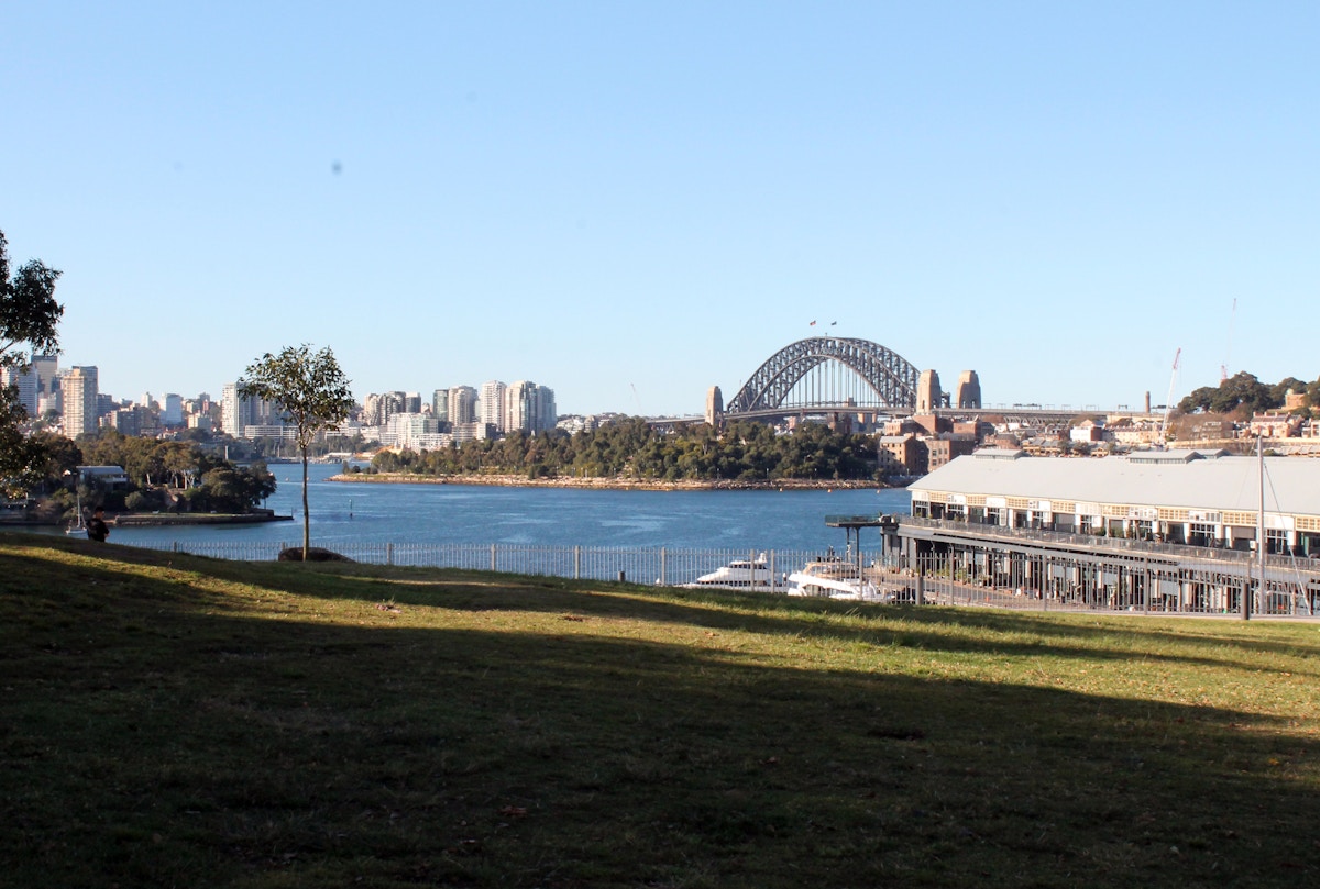 Sydney Harbour Bridge and city skyline viewed from a grassy park area, with water, boats, and buildings visible under a clear blue sky.