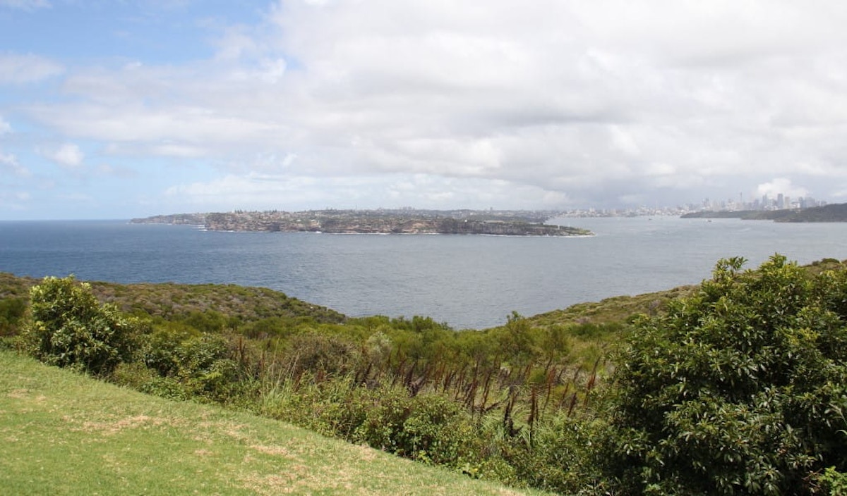 View of a grassy area and shrubs overlooking a wide body of water with landmasses and a distant city skyline under a cloudy sky.