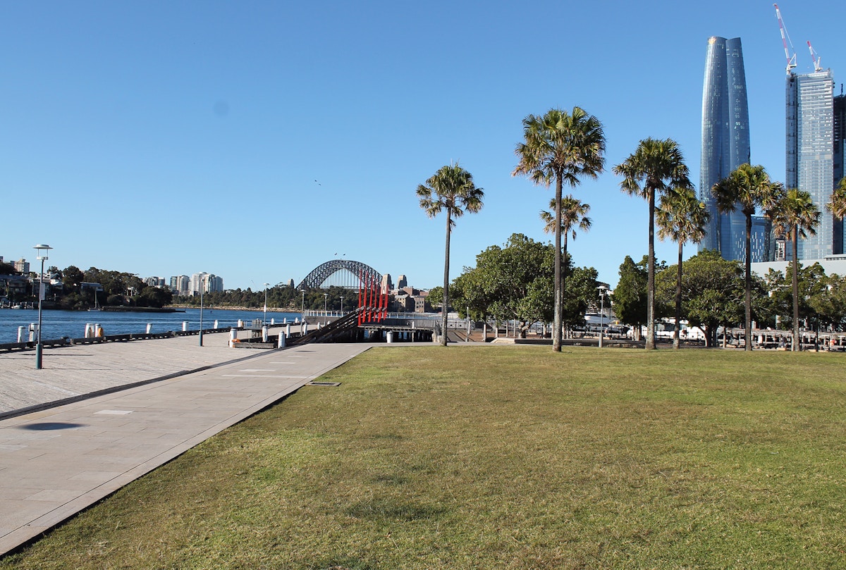 A grassy park with palm trees, a paved path, and the Sydney Harbour Bridge in the background under a clear blue sky.