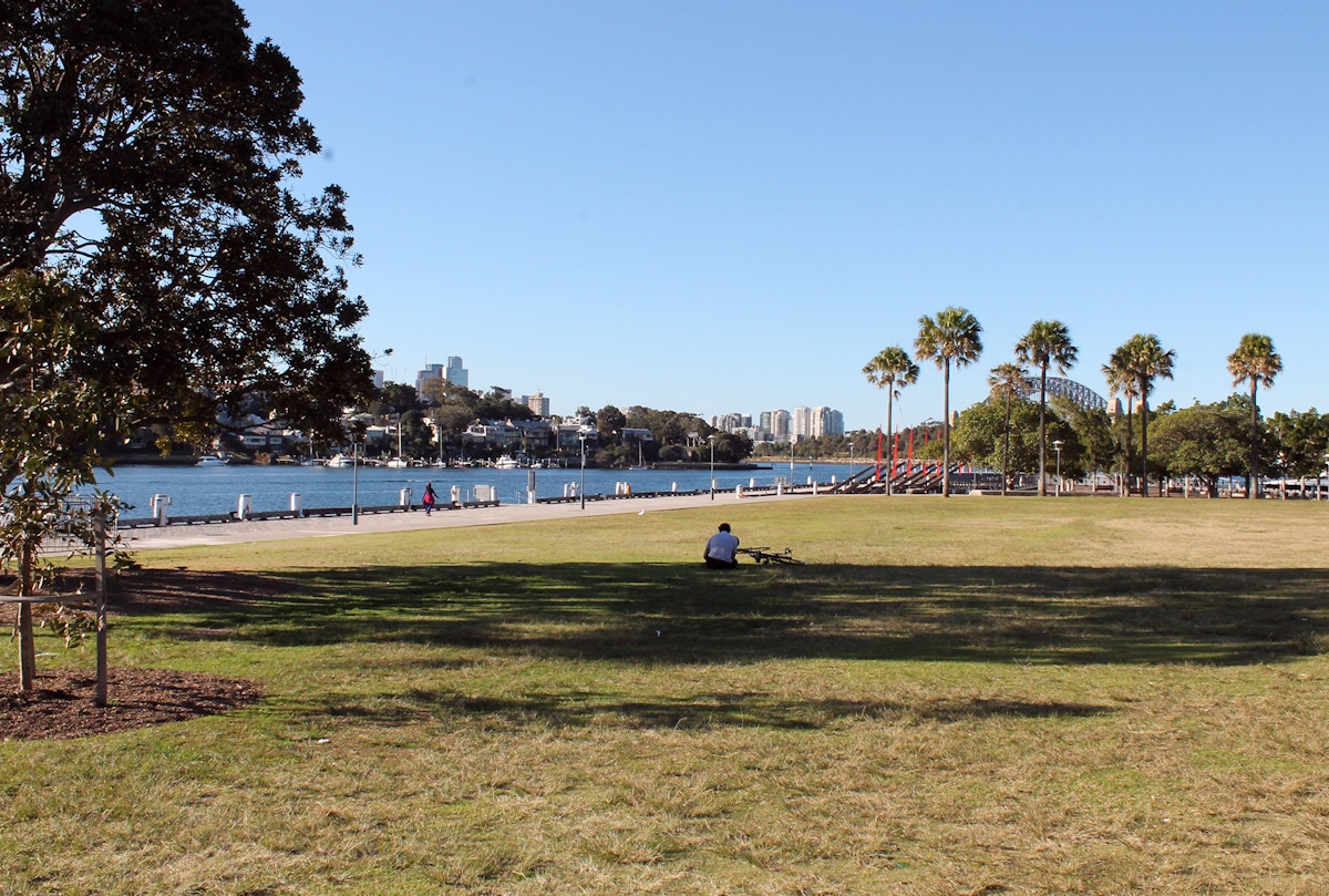 A person sits on the grass near a bicycle in a riverside park with palm trees, city buildings, and a bridge visible in the background under a clear sky.