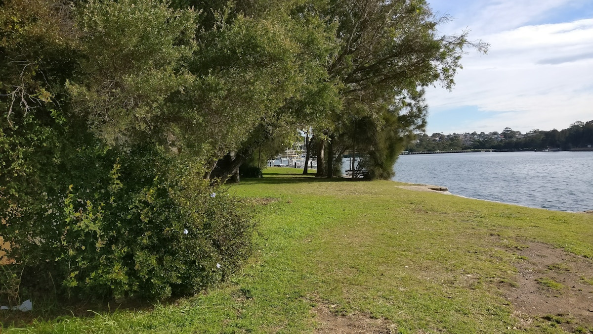 Grassy area with trees beside a calm body of water under a partly cloudy sky; houses are visible in the distance across the water.