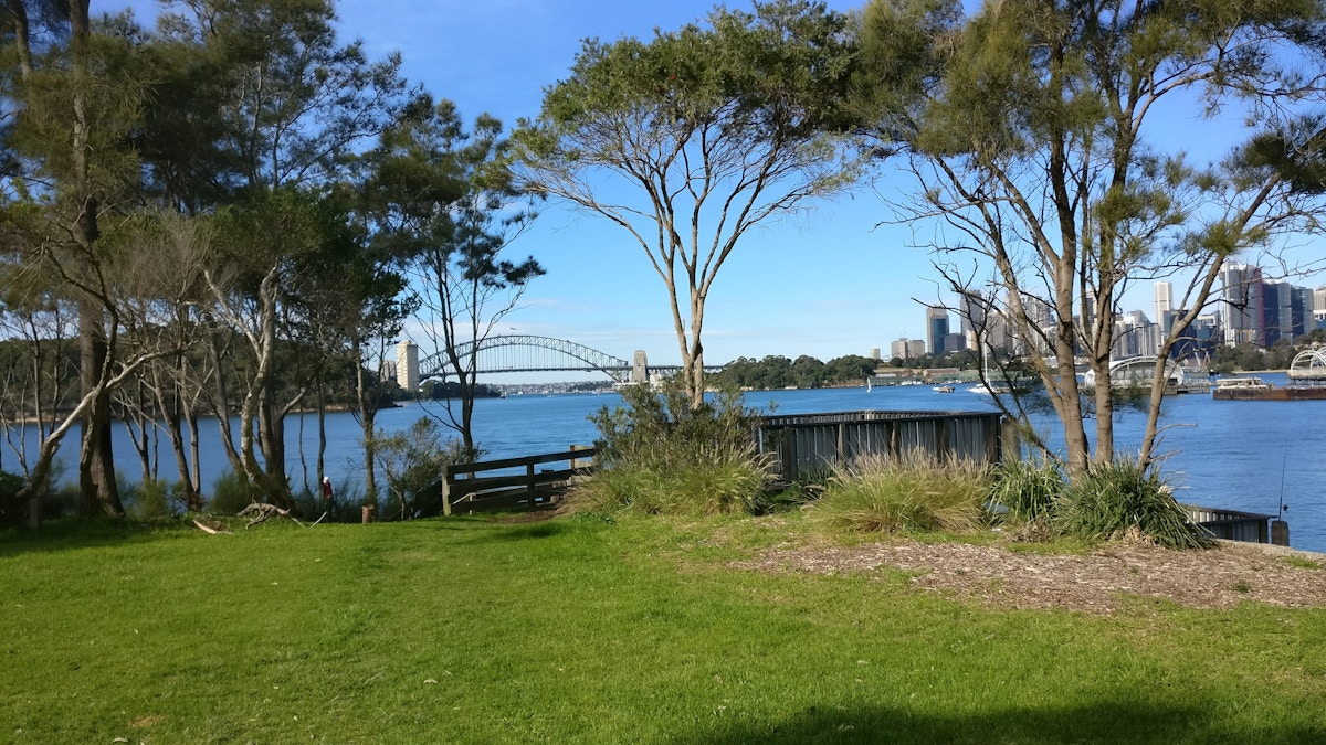 Green grass and trees border a river with a bridge and city buildings visible in the background under a clear blue sky.