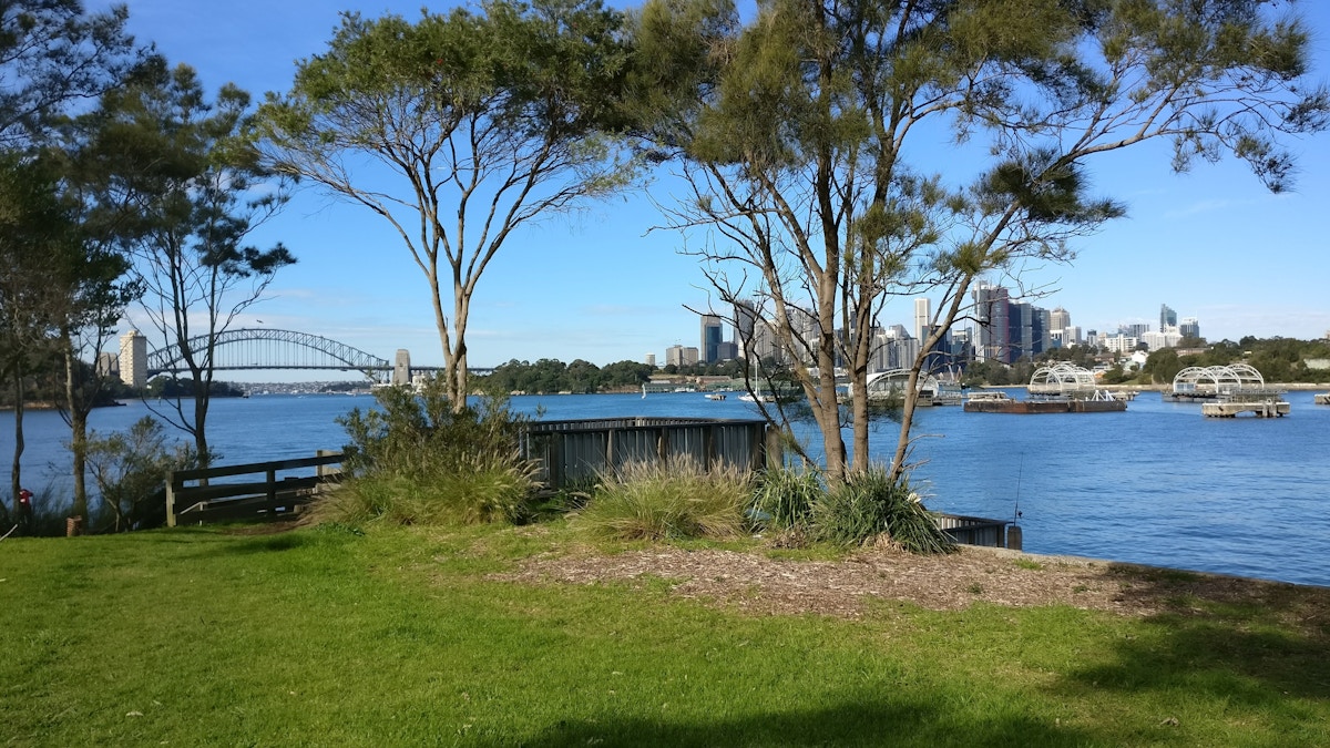 Grassy park with trees overlooking a river, city skyline, and a large arched bridge in the background under a clear blue sky.