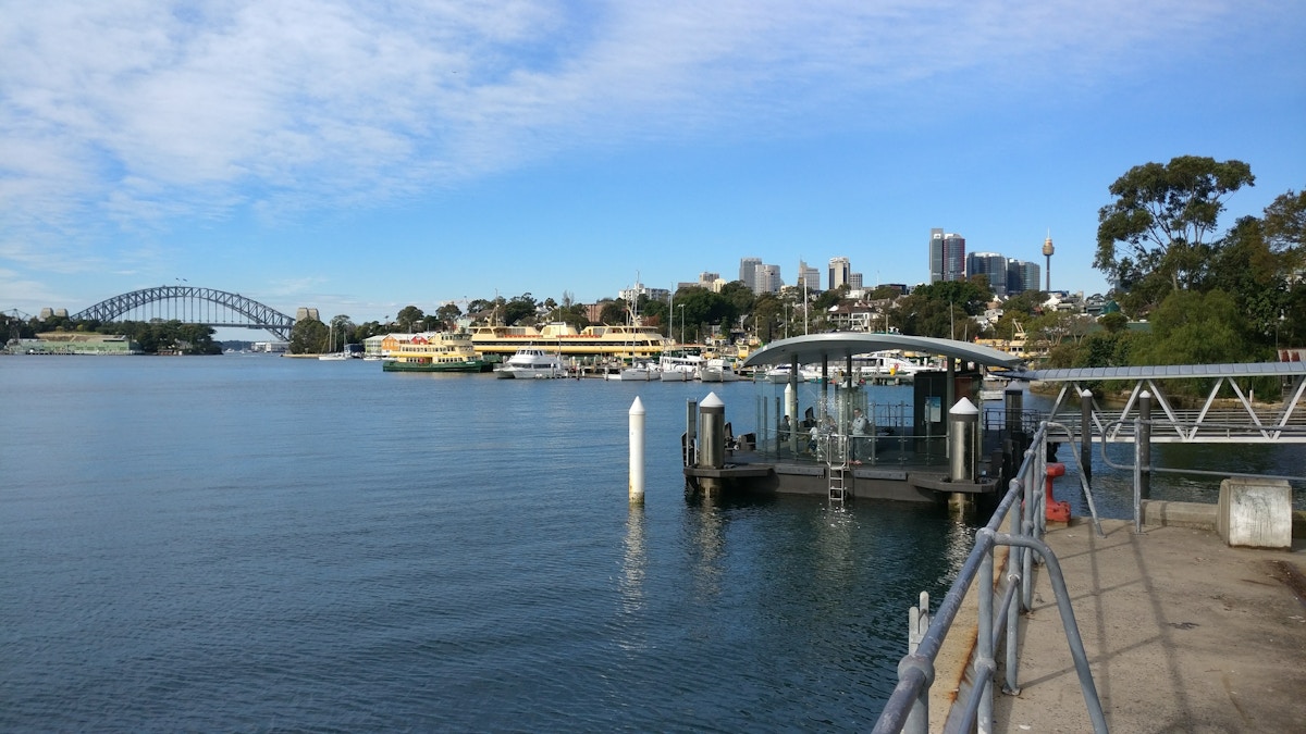 A waterfront scene featuring a dock, the Sydney Harbour Bridge, ferries, city buildings, and a partly cloudy blue sky.