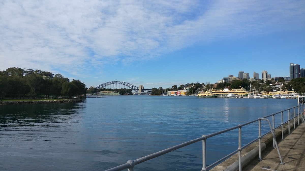 View of a calm harbor with Sydney Harbour Bridge in the distance, city buildings on the right, and trees on the left under a partly cloudy sky.