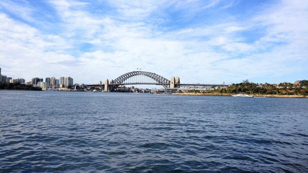 Sydney Harbour Bridge spans across the water under a partly cloudy blue sky, with city buildings and greenery visible on either side.