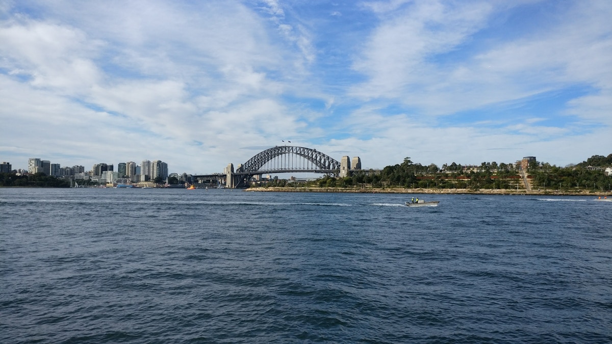 Sydney Harbour Bridge under a blue sky with scattered clouds, city skyline on the left, and a small boat on the harbor water in the foreground.