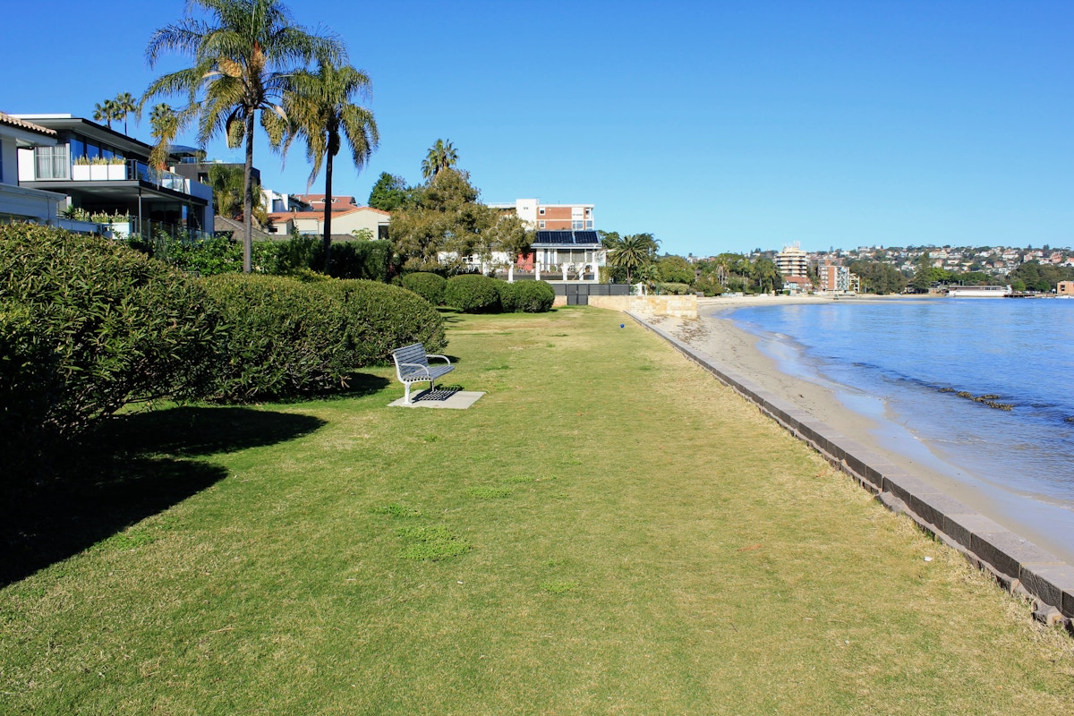 A grassy area with benches lines a sandy beach next to calm water, with residential buildings and palm trees in the background under a clear blue sky.