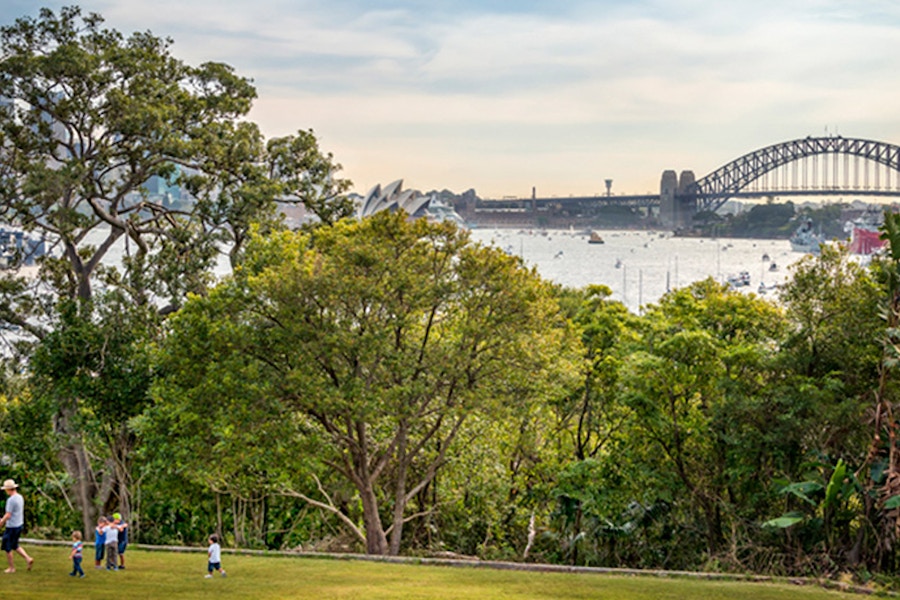 People walk and play on a grassy hill with trees in the foreground and Sydney Harbour Bridge and Opera House visible in the background.