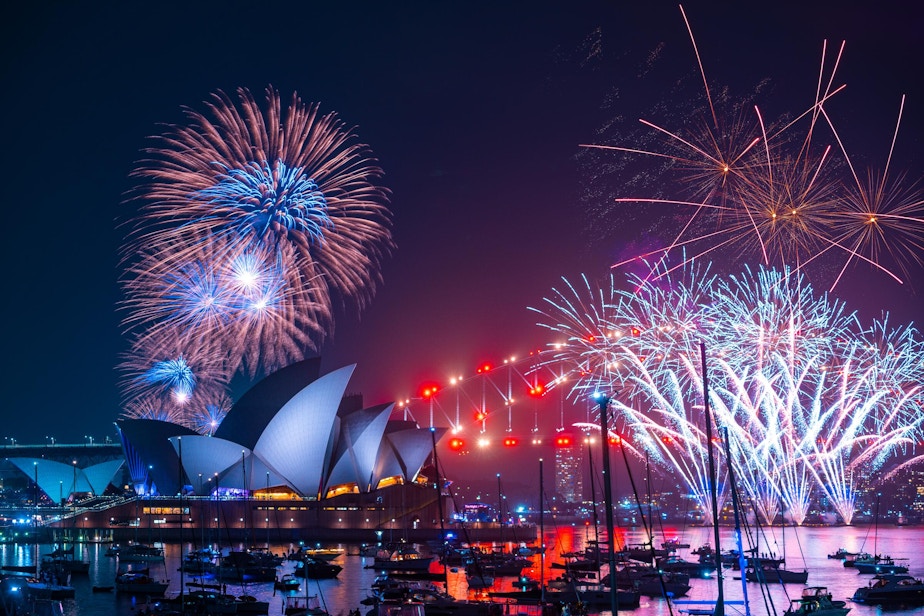Fireworks display over Sydney Harbour showing the spectacular New Year's Eve celebration