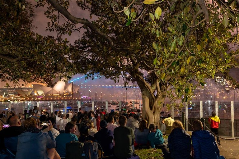 A crowd sits under a large tree at night, watching fireworks over Sydney Harbour with the Sydney Opera House and Harbour Bridge in the background.