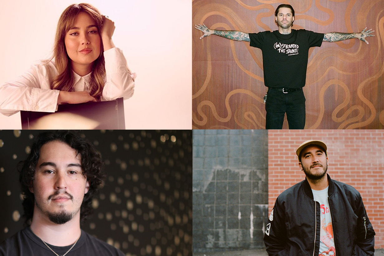 A collage of four people: a woman in white posing indoors, a man with tattoos standing with arms outstretched, a man with facial hair in front of lights, and another man outdoors by a brick wall.