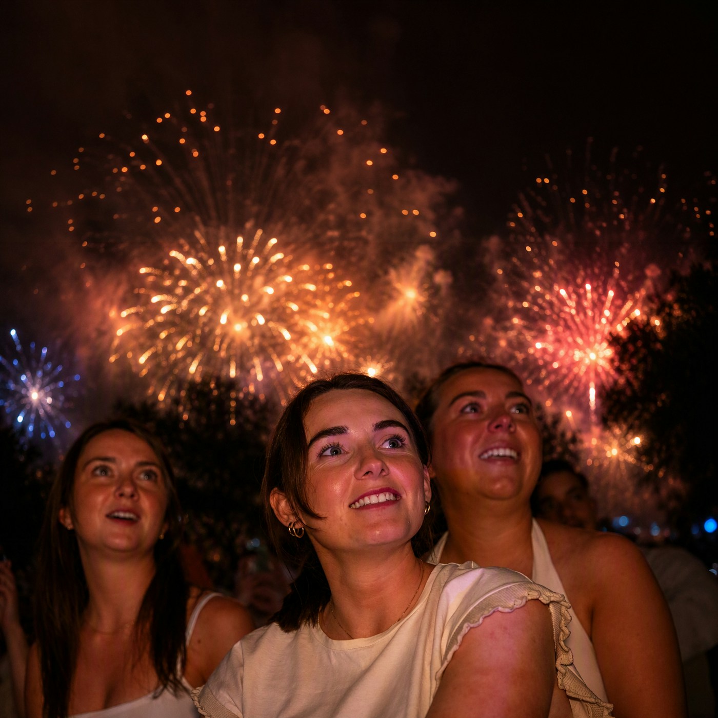 Three women watch colorful fireworks at night, smiling and looking upward, with bright bursts lighting up the dark sky behind them.