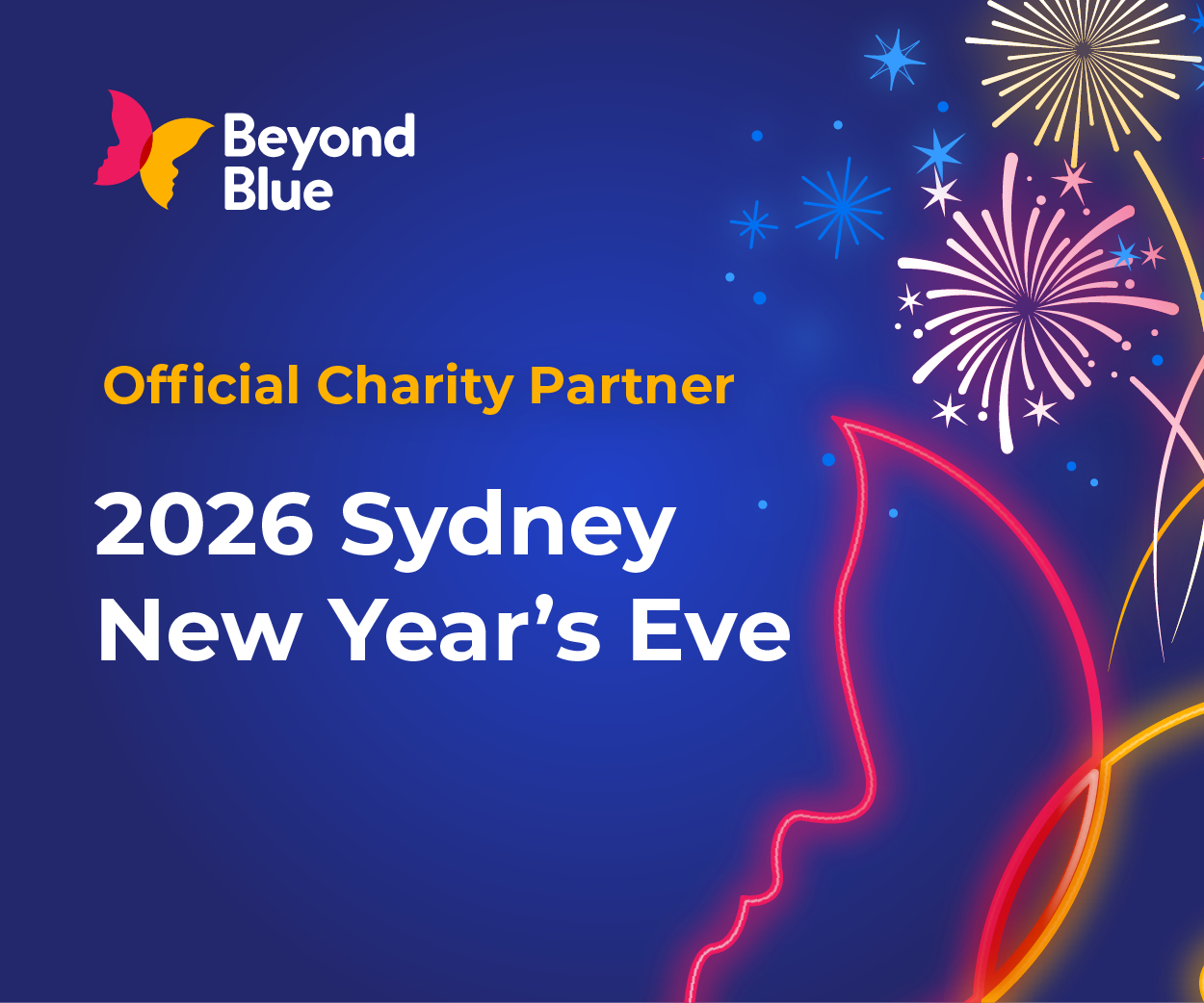 Beyond Blue logo with text: “Official Charity Partner 2026 Sydney New Year’s Eve” on a blue background with colorful fireworks illustrations.