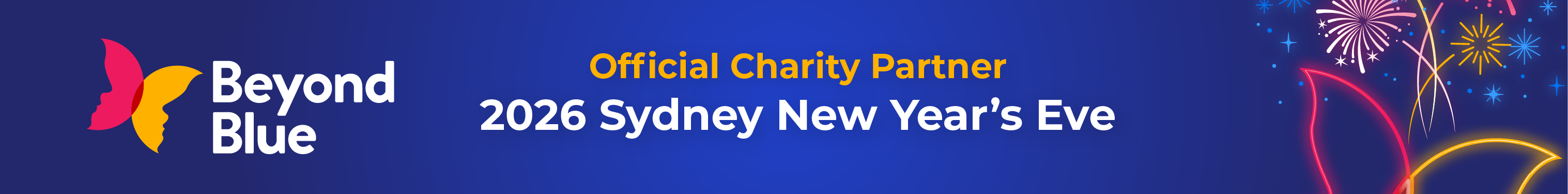 Beyond Blue logo with text: “Official Charity Partner 2026 Sydney New Year’s Eve” on a blue background with fireworks illustrations.