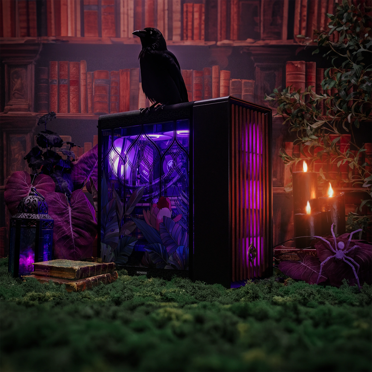 Eden’s Veil in Grimthorn on a moss desk with a raven perched on top, candles and books behind