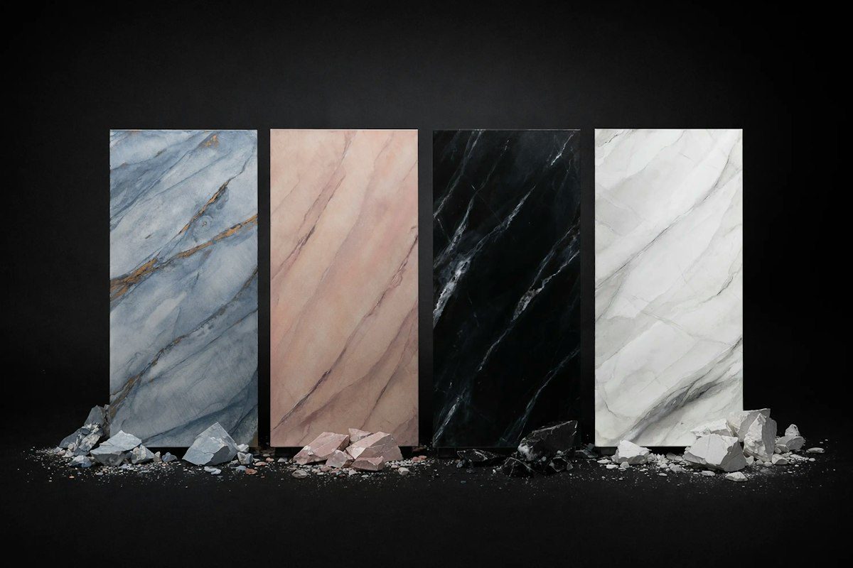 The four Monolith builds, Azure, Sandstone, Obsidian and Ivory, standing on a studio floor among chips of marble
