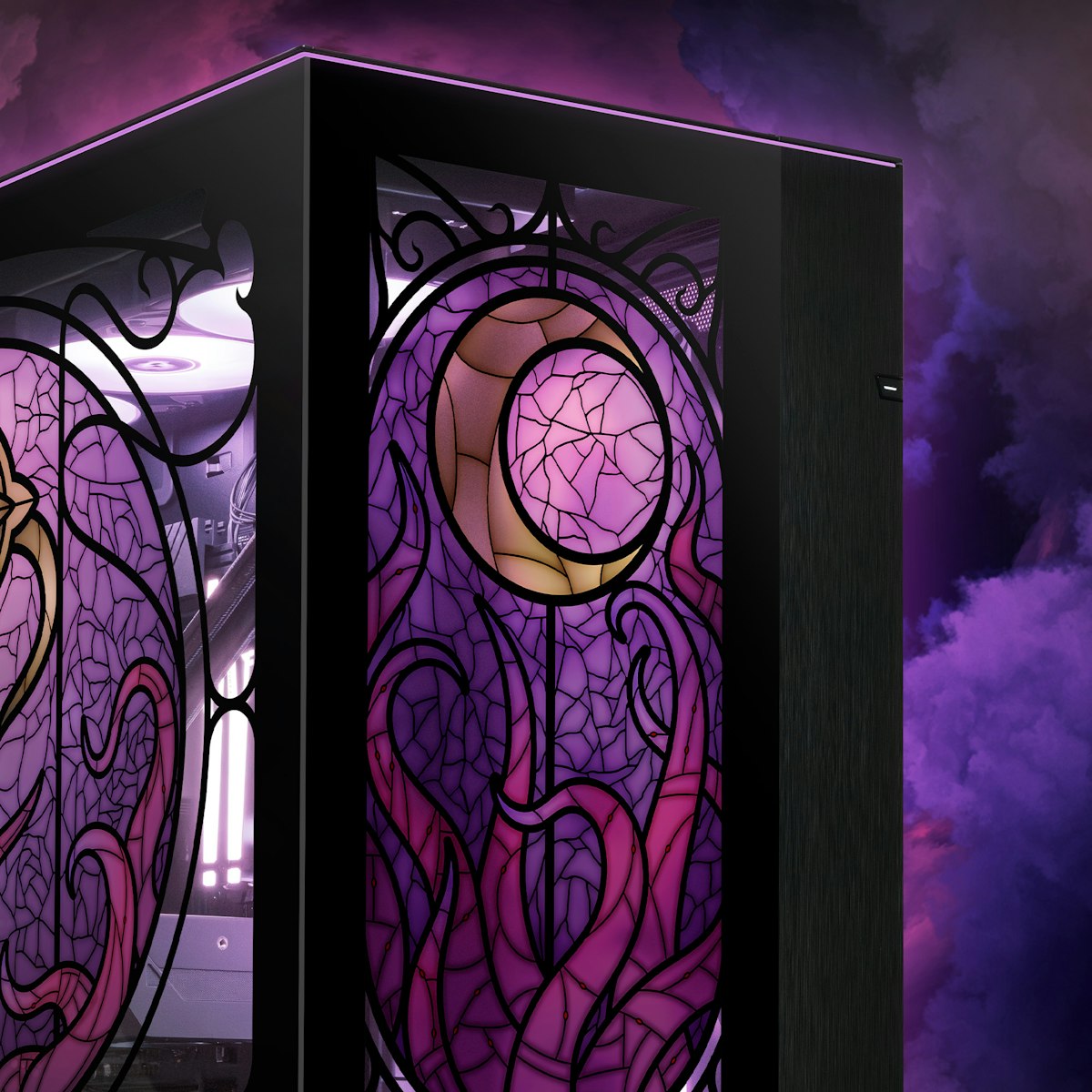 Nyanners collab gaming PC, stained glass tentacles and a crescent moon printed across the glass panels, lit from inside