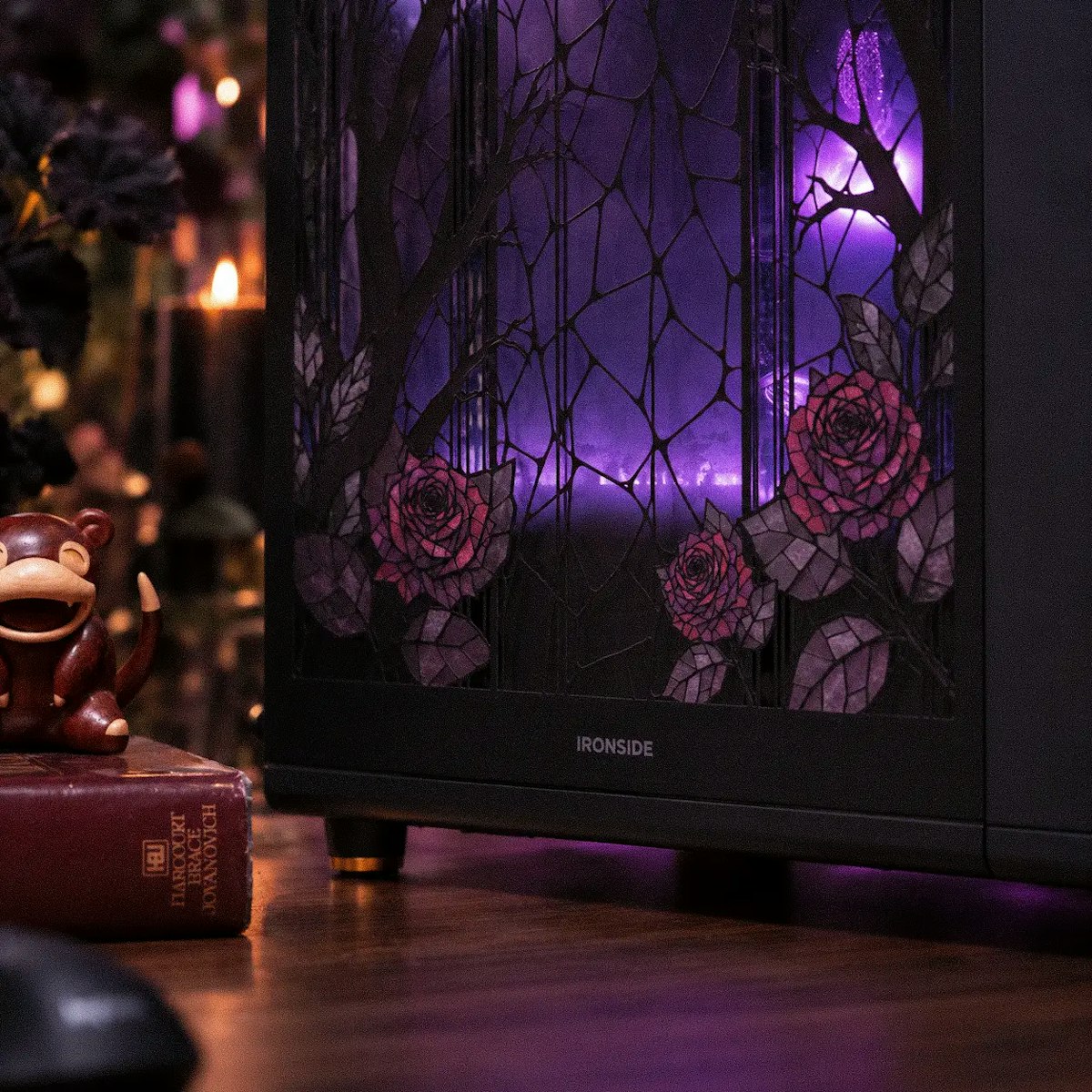 Close up of the Widowbloom panel on Eden’s Veil: roses and bare branches in stained glass under a crescent moon