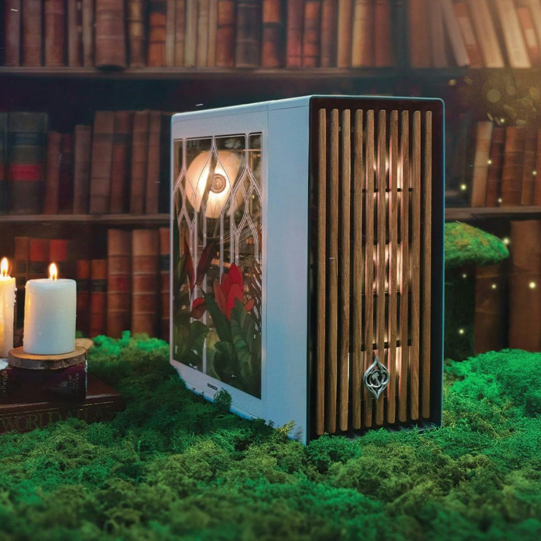 Eden's Veil Frostvine, library scene Eden's Veil in Frostvine on a moss covered desk in front of a bookshelf, with candles
