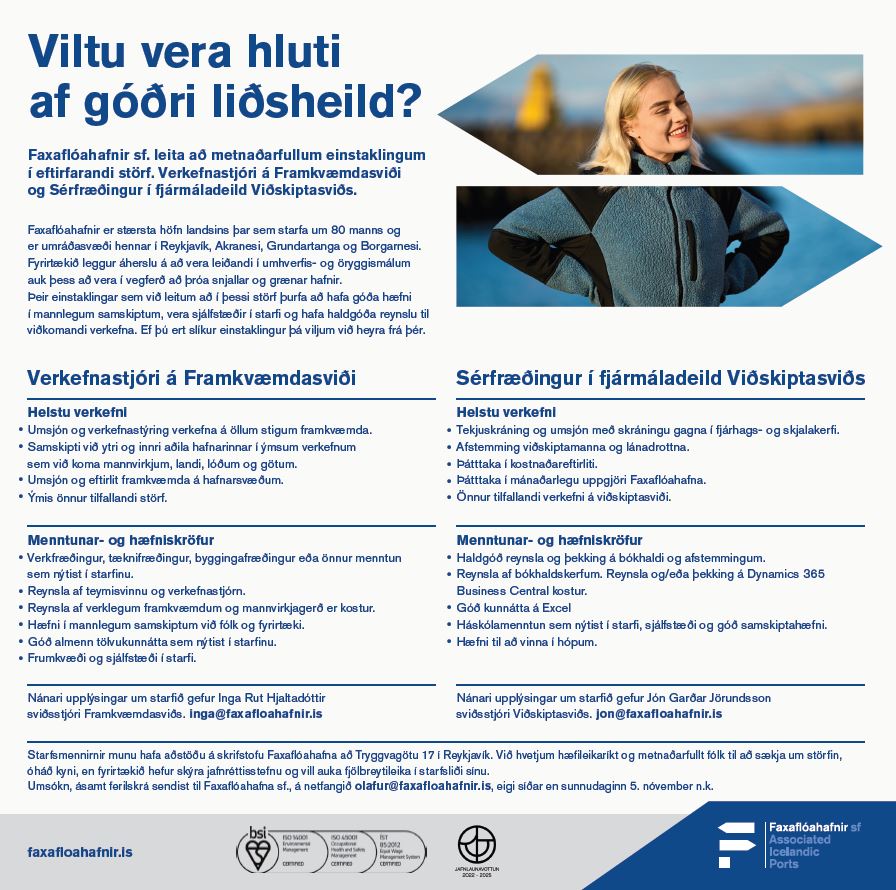 Faxaflóahafnir sf. leita að metnaðarfullu starfsfólki á Framkvæmdasvið og í Fjármáladeild.