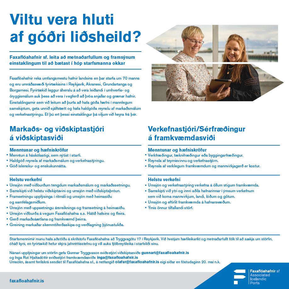 Faxaflóahafnir sf. auglýsa til umsóknar störf hjá viðskiptasviði og framkvæmdasviði fyrirtækisins.