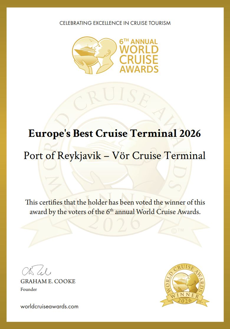 World Cruise Awards certificate / viðurkenningarskjal - Vör - Faxaflóhafnir