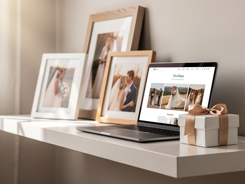 Framed photo prints alongside online gallery storefront