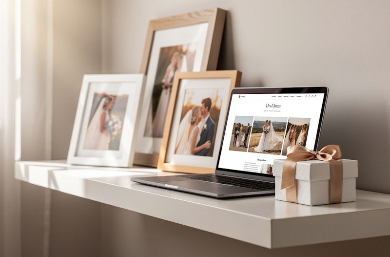 Framed photo prints alongside online gallery storefront