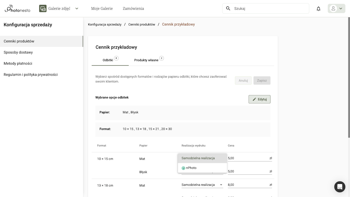 Dropdown Realizacja wydruku w cenniku produktów z opcjami: Samodzielna realizacja, nPhoto