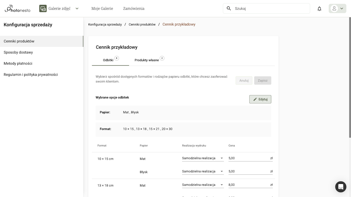 Tabela cennika produktów z kolumnami: Format, Papier, Realizacja wydruku, Cena