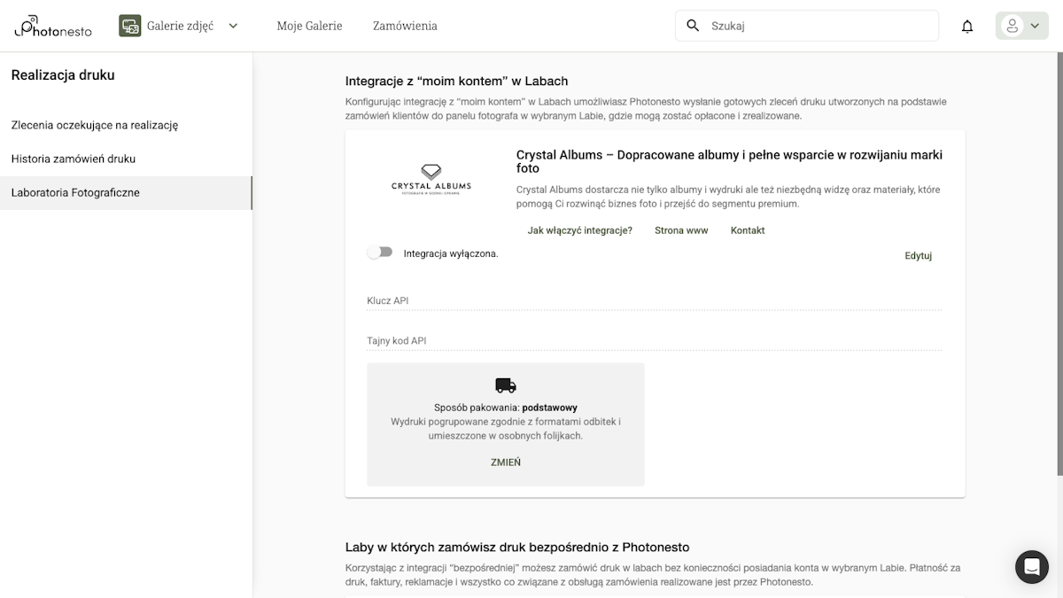 Sekcja Crystal Albums z przełącznikiem włącz/wyłącz i polem API key