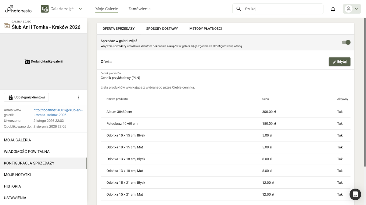 Ustawienia galerii z zaznaczoną opcją włączenia sprzedaży odbitek