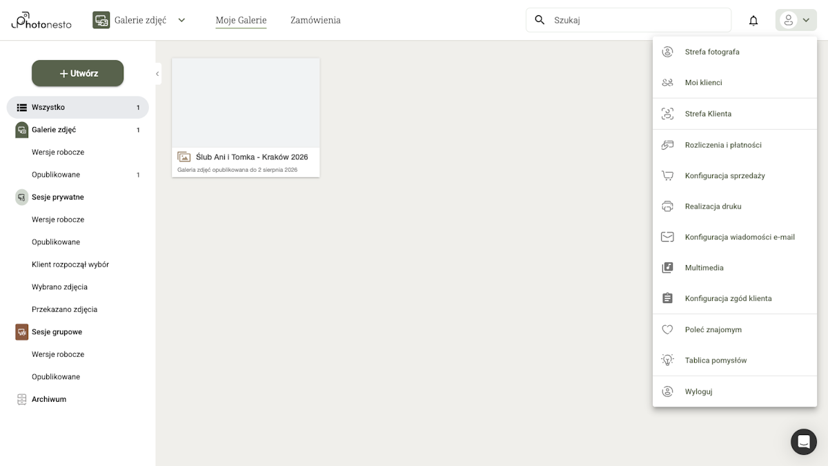 Menu użytkownika z zaznaczoną ścieżką: Realizacja druku → Laboratoria Fotograficzne