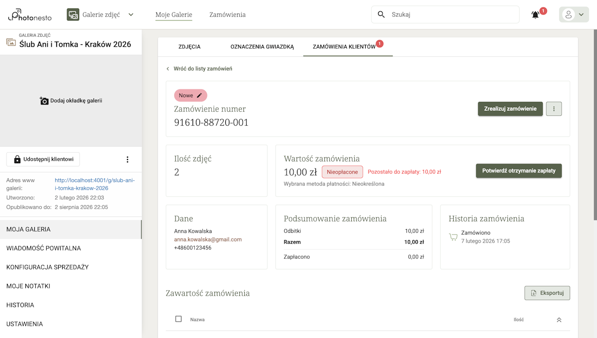 Szczegóły zamówienia: status, wartość, dane klienta, podsumowanie finansowe, historia