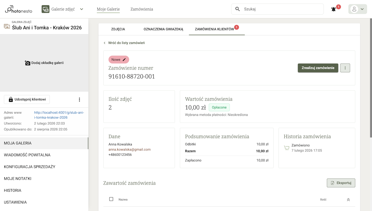 Zamówienie ze statusem Opłacone po potwierdzeniu płatności