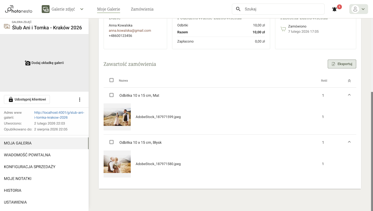 Zawartość zamówienia z listą produktów i miniaturkami zamówionych zdjęć